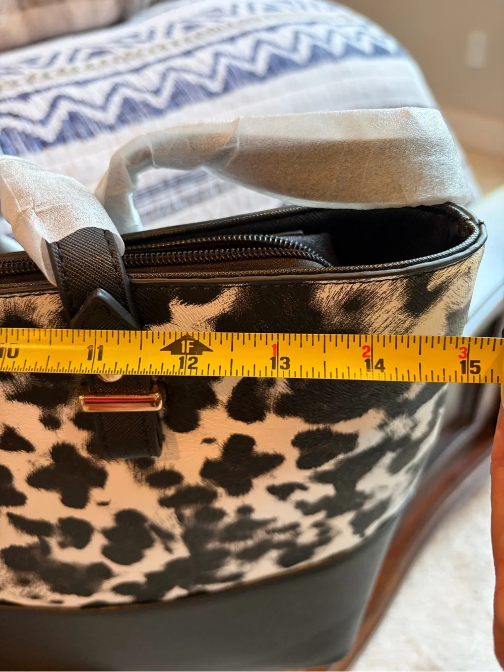 Black & White Cowprint Tote Bag with Black Trim